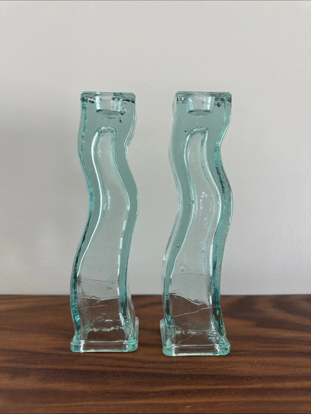 Vintage 1970s Brutalist Wavy Aqua Glass Candle Holders - Pair